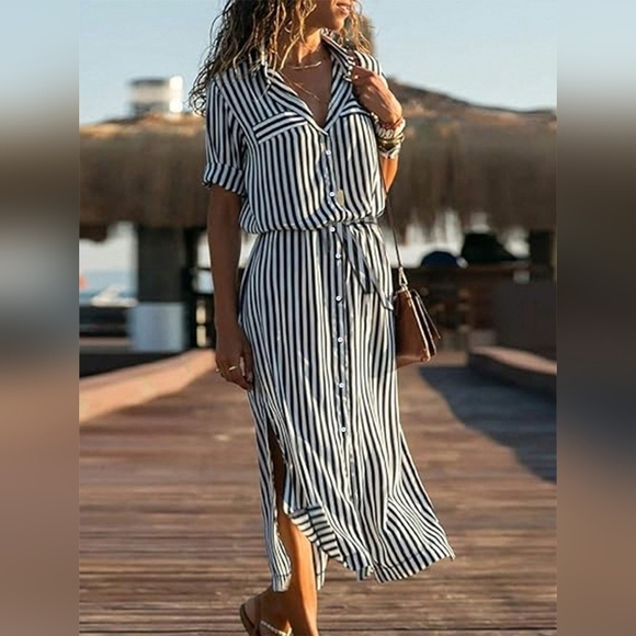 Women's Color Block Striped Side Slit Dress - Picture 1 of 4